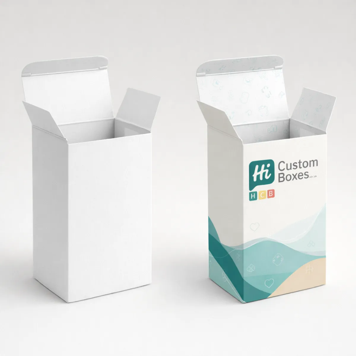 Two vertical white cardboard cartons with open top flaps- featuring teal wave patterns and branding- class=